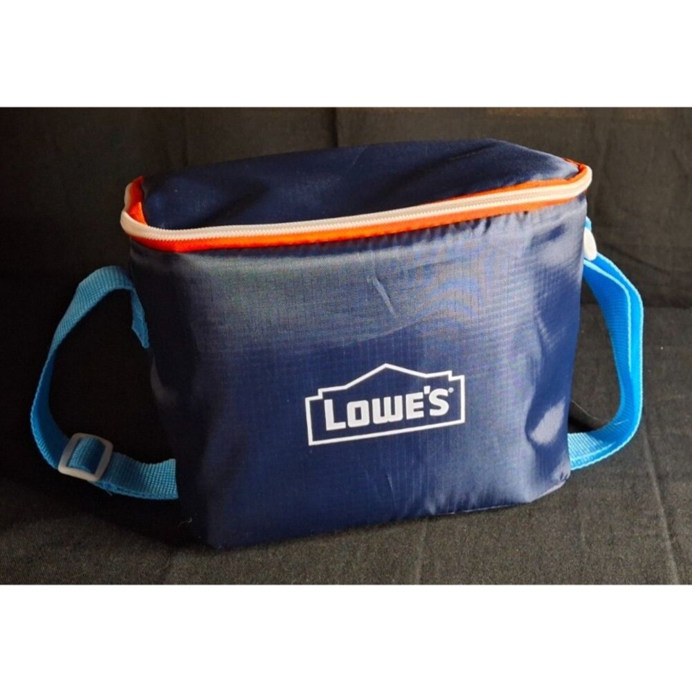 NEW Lowe's Insulated Lunch Bag Blue Logo Zipper Adjustable Strap